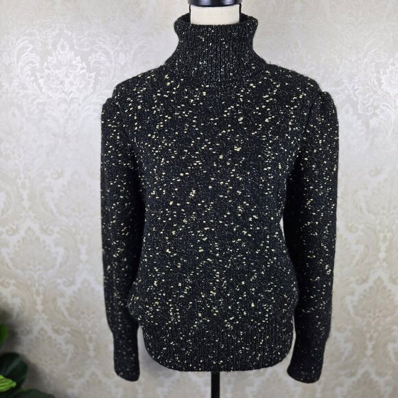 Ann Taylor Size Medium Black Metallic Gold Knit Turtleneck Sweater Puff Shoulder - Picture 1 of 13